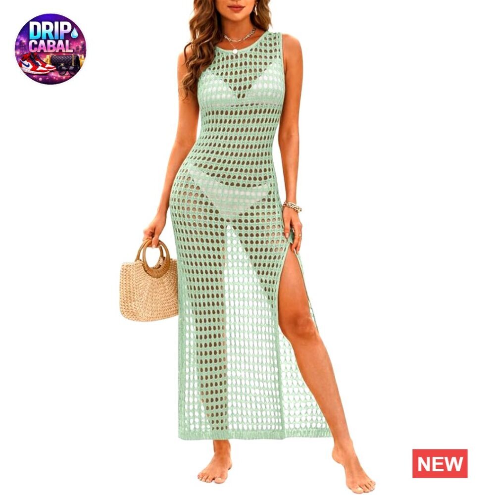 Polyester Crochet Swimsuit Cover Up Hollow Out Tie Back Reversible Beach Dress